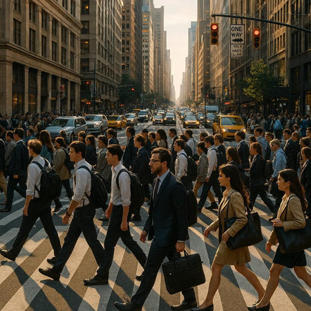 Crowd of people crossing the street in New York City.