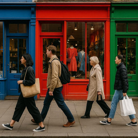 Group of people walking in front of a shop window in London, UK