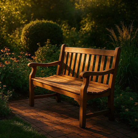 Wooden bench in the garden at sunset. Vintage style photo.