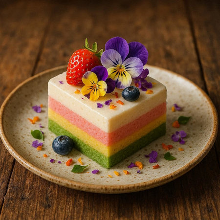 Piece of rainbow cake decorated with fresh berries and edible flowers.
