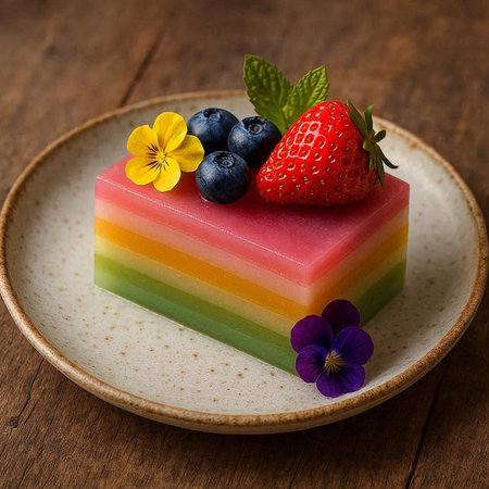 Rainbow cake with strawberries and blueberries on a wooden background.