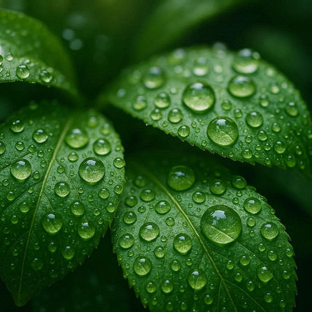 Water drops on green leaves. Nature background. Shallow DOF.