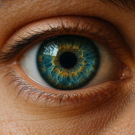 Close-up of human eye with blue iris. Macro shot
