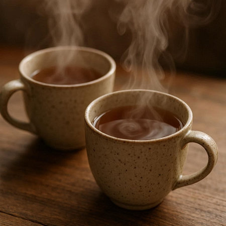 Two cups of hot tea with steam on a wooden table. Selective focus.