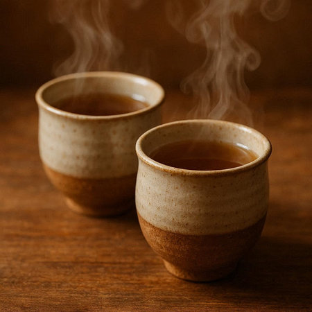 Coffee cups with steam on wooden background. Close up.