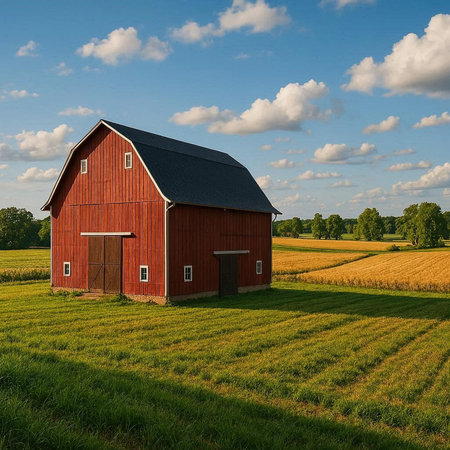 Red Barn in the Countryside with Blue Sky and Clouds - 3D Render