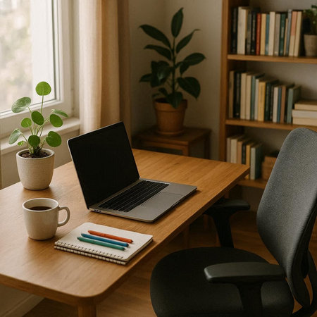 Laptop and coffee cup on wooden table in home office. Work from home concept.