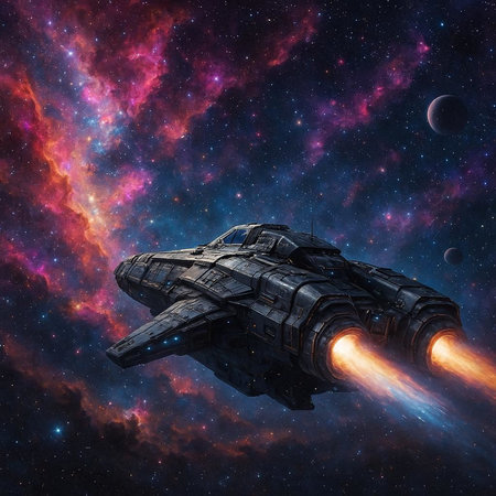 Space ship against the background of the outer space. 3D rendering