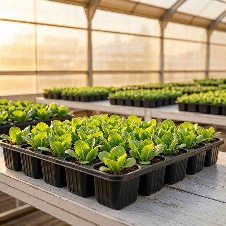 Organic hydroponic vegetable seedlings growing in a greenhouse.