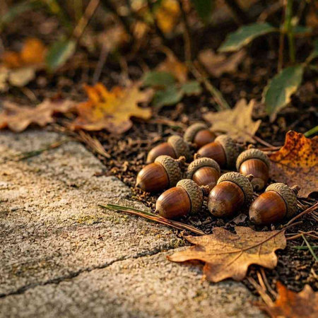 Acorns on the ground in the autumn forest. Autumn background.