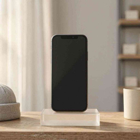 Smartphone mockup on wooden table in living room. 3d rendering