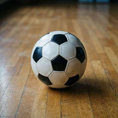 Soccer ball on a wooden floor. Close-up view.