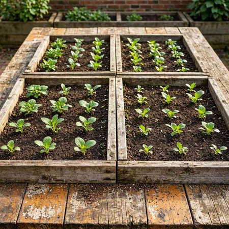 Planting seedlings in a wooden box on a garden bed.