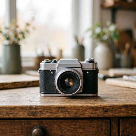 Vintage camera on a wooden table in a room with a window