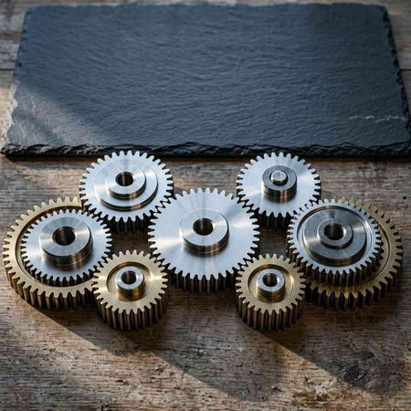 Metal gears on a dark wooden background. Top view. Copy space.