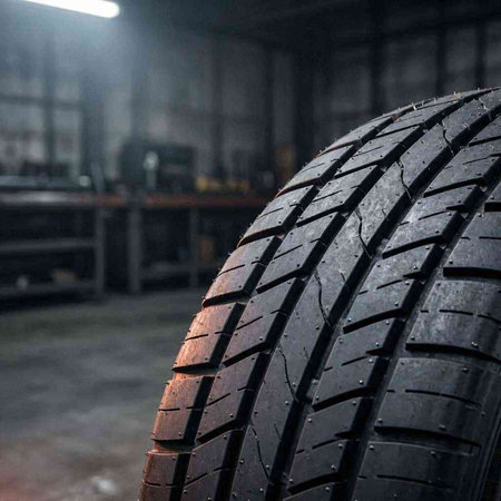 Car tire in a workshop, close-up. Auto service industry