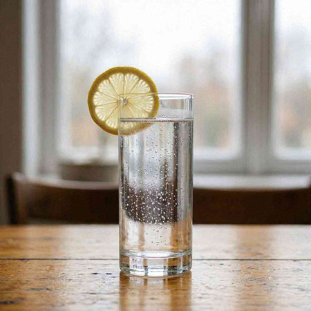 Glass of water with lemon on a wooden table in front of window