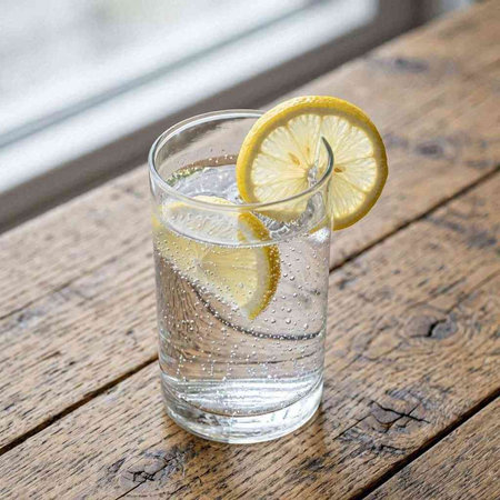 A glass of water with lemon and ice on a wooden table.