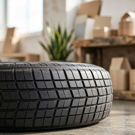 Tire on the floor in a workshop.