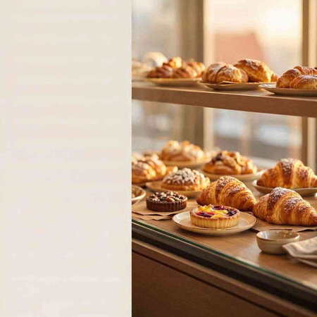 Freshly baked croissants and muffins on a table in a bakery