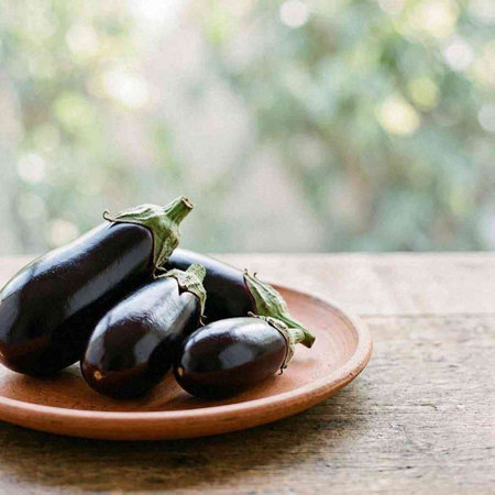 Eggplant on a plate on wooden table with nature background.