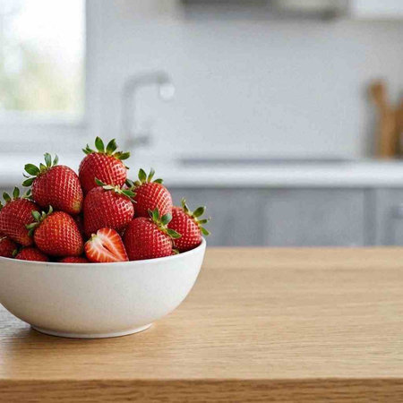 Strawberries in a white bowl on a wooden table in the kitchen