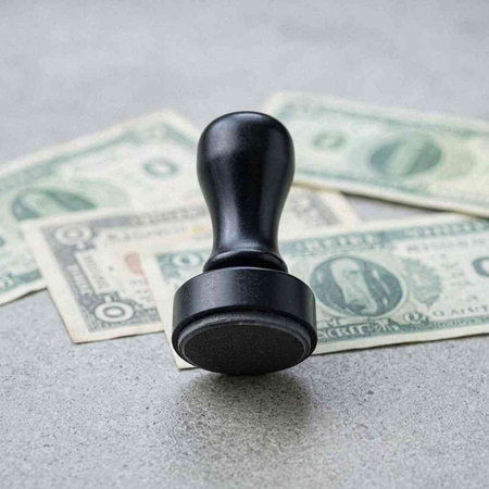 Rubber stamp and dollar banknotes on gray background, closeup