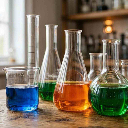 Laboratory glassware with colorful liquids on wooden table. Chemical laboratory