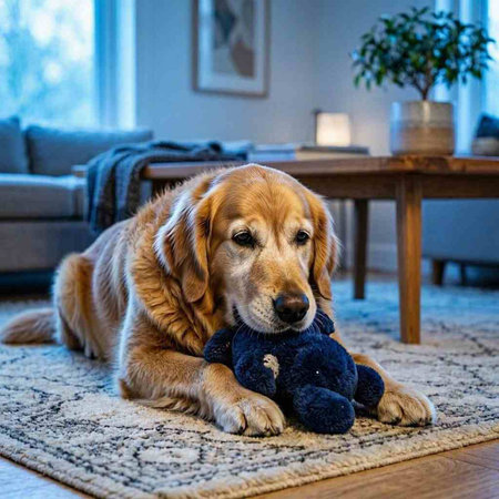 Golden Retriever puppy playing with a toy in the living room