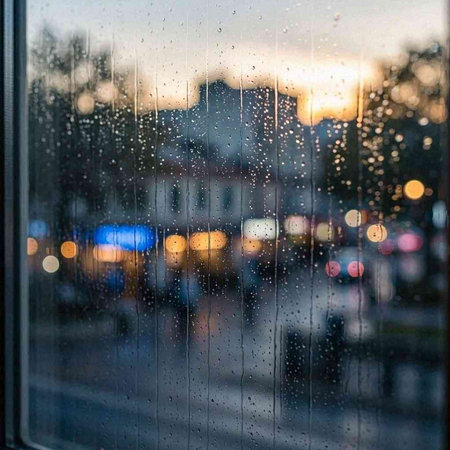 Rain drops on the window. Blurred city lights in the background.