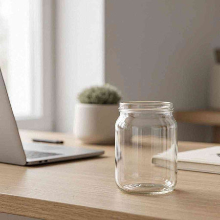 Empty glass jar on a wooden table with a laptop in the background