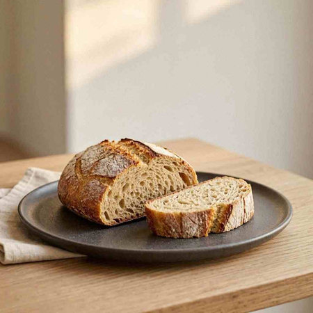 Freshly baked bread on a black plate on the table in the kitchen