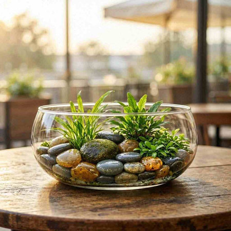 Glass vase with stones and grass on a table in a cafe