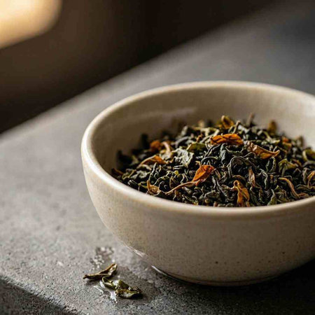 Dry tea leaves in a ceramic bowl on a gray background.