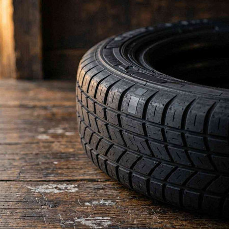 Car tire on a wooden background. Close-up. Copy space.