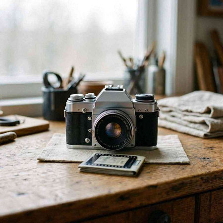 Vintage camera on a wooden table in a room with a window