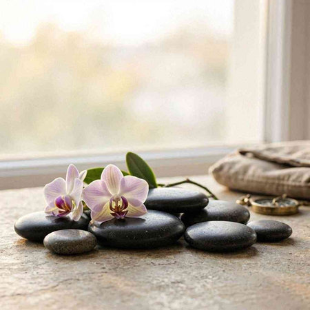 zen basalt stones and orchid on the windowsill, spa concept