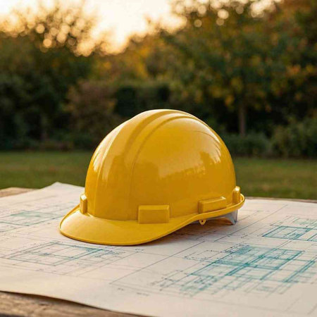 Yellow hard hat on a construction plan with blueprints in the background