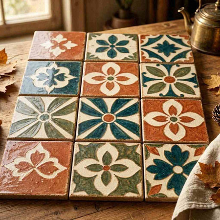 Colorful ceramic tiles on a wooden table in an old country house