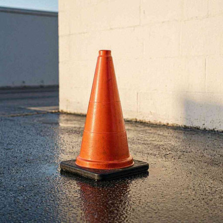 Traffic cone on the street. Rainy weather. Rain.