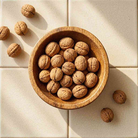 Walnuts in a wooden bowl on a white tile background. View from above.