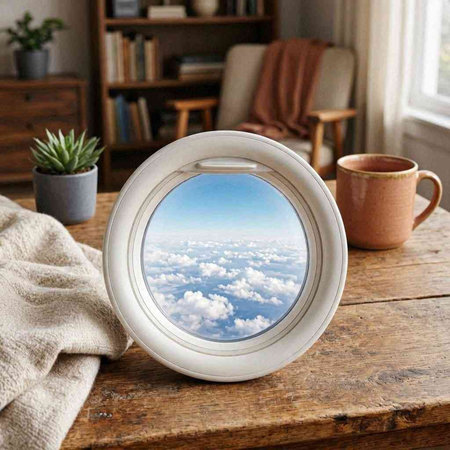 A window with a view of the clouds from the window sill.