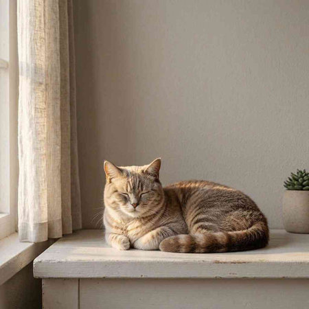 Cute cat relaxing on the windowsill at home. Cat looking out the window.