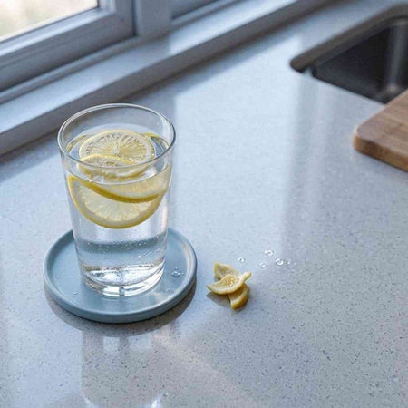 Glass of water with lemon and ice on the kitchen countertop.