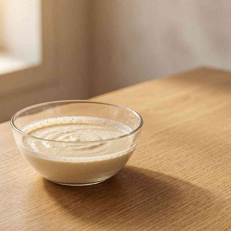 A bowl of mayonnaise on a wooden table. Selective focus.
