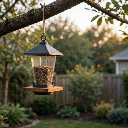 A bird feeder hanging on a tree in the garden.  Space for copy.