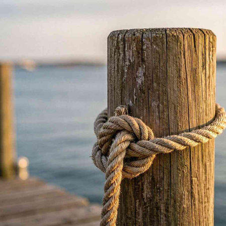 Rope tied to a wooden post on the background of the sea