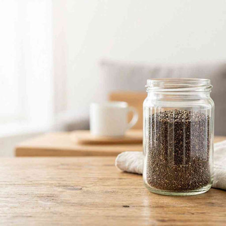 Organic chia seeds in a glass jar on a wooden table