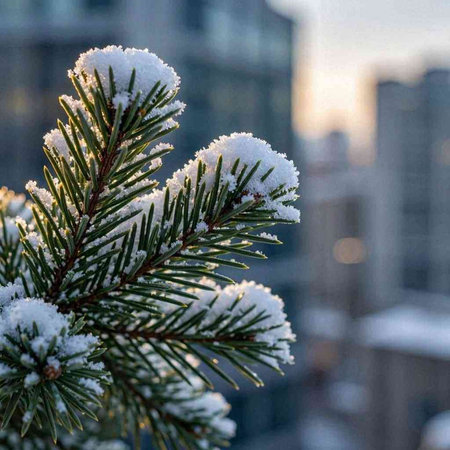 The branches of the Christmas tree are covered with snow against the background of the city.
