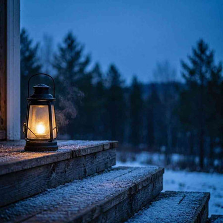 Lantern on the steps of a wooden house in winter.